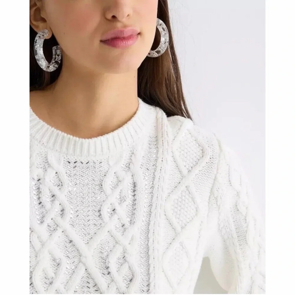 J. Crew White Cable Knit Crystal Embellishments Sweater Top, Large